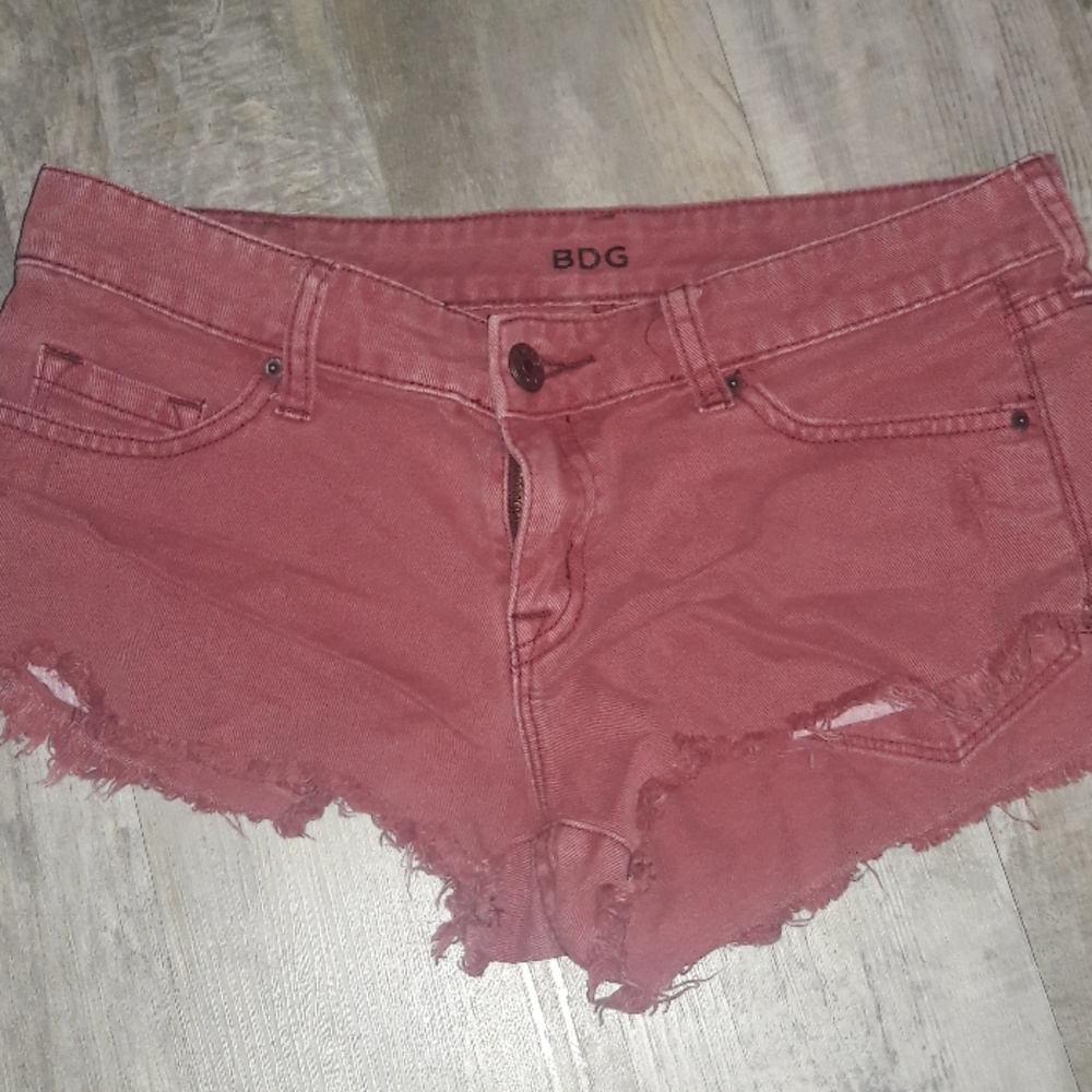 Low rise red denim shorts